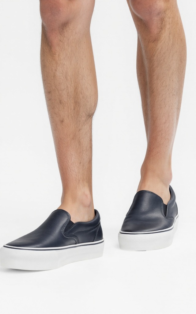 A male model wearing Slip   on shoes, against a white background, with a close   up of the feet